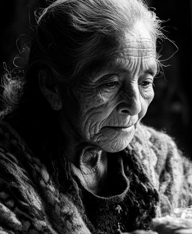 Una mujer mayor con las manos sobre el regazo
